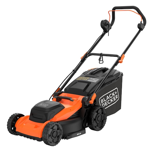 A BLACK+DECKER electric lawn mower with an orange and black design, featuring a grass collection box on the back and sturdy wheels. The mower is suitable for residential lawn maintenance.