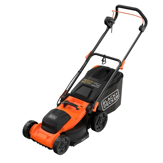 A BLACK+DECKER electric lawn mower with orange and black casing, designed for grass cutting. The mower features a sturdy handle, four wheels, and a grass collection bag on the back with the BLACK+DECKER logo.