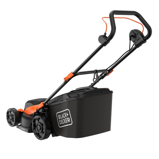 A BLACK+DECKER electric lawn mower with a black and orange design, featuring a handle and a large grass collection box.