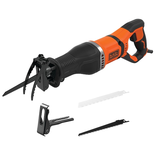 A BLACK+DECKER reciprocating saw with a black and orange body, shown alongside three interchangeable saw blades and an accessory attachment.