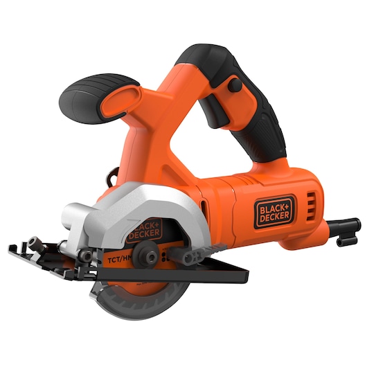 A BLACK+DECKER compact handheld circular saw with an orange and black body, designed for precise cutting tasks in various materials.
