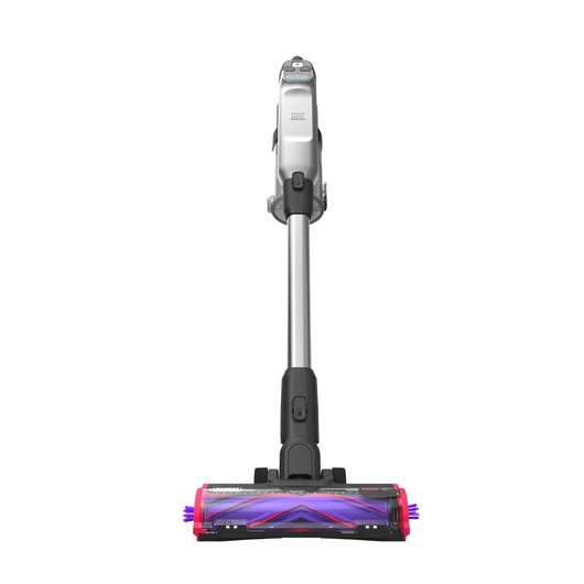 A BLACK+DECKER cordless stick vacuum cleaner, model BHFEA640WP, shown upright with a sleek design and brush head featuring purple and pink accents.