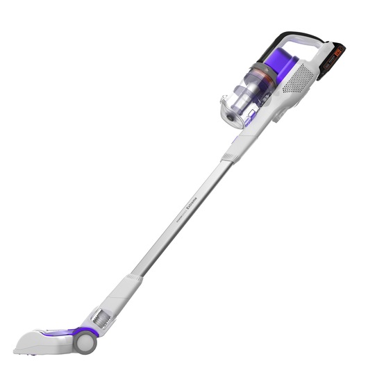 A cordless stick vacuum cleaner with a white and purple design, featuring a transparent dust container and ergonomic handle.