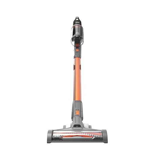 Front view of a BLACK+DECKER cordless stick vacuum cleaner with an orange and grey design, shown against a white background.