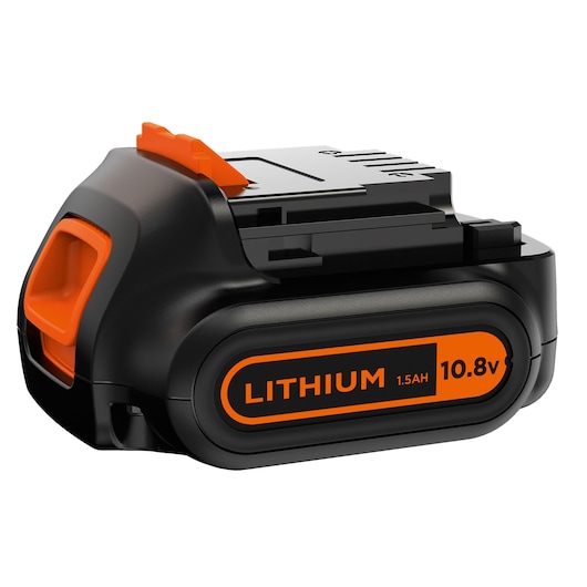 A BLACK+DECKER lithium-ion battery pack, 10.8V 1.5Ah, with a black and orange design, shown against a white background.