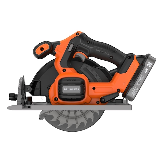 BLACK+DECKER cordless circular saw with brushless motor, featuring an orange and black design, 18V lithium battery, and ergonomic handle.