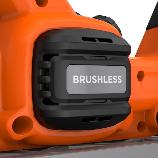 BLACKDECKER BLCCS78E1 close-up of orange and black brushless motor housing, product photography, side angle.