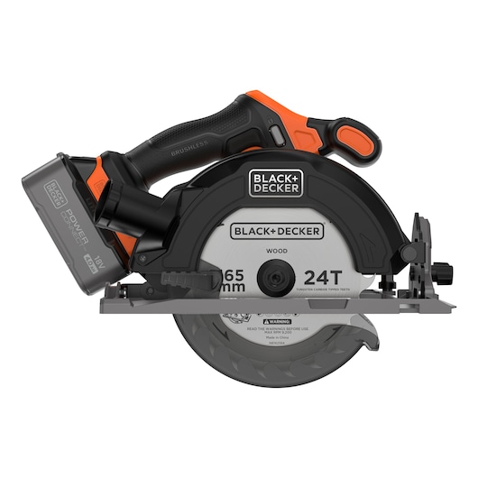 BLACK+DECKER cordless circular saw with ergonomic black and orange handle, 18V battery, 165mm blade, and 24 tungsten carbide tipped teeth for cutting wood.