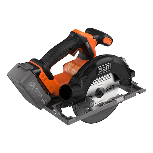 A BLACK+DECKER cordless circular saw with an ergonomic black and orange handle, 18V battery pack, and a visible 24-tooth blade for cutting wood.