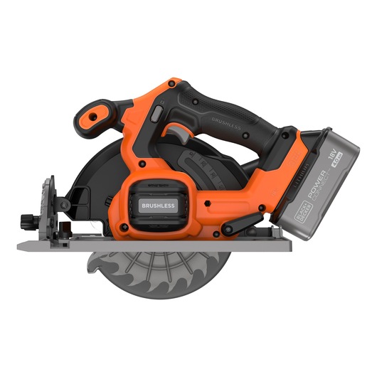 A BLACK+DECKER cordless brushless circular saw featuring an orange and black design, a POWERCONNECT 18V lithium battery, and a toothed blade.