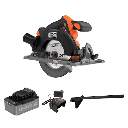 BLACK+DECKER BLCCS78M1 cordless circular saw kit with battery, charger, and guide rail, front angle on white background.