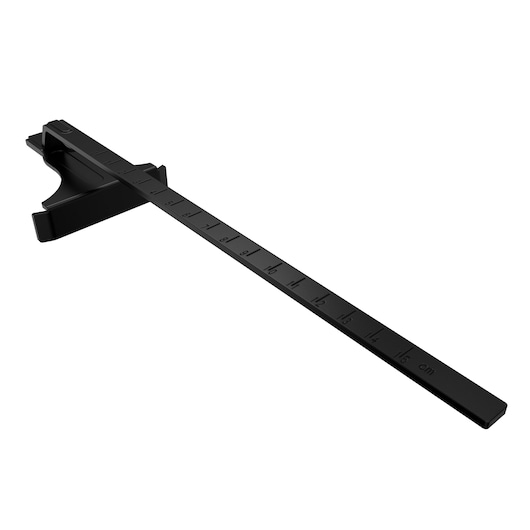 BLACKDECKER BLCCS78M1 black plastic ruler attachment, 15 cm scale, side angle, on white background.