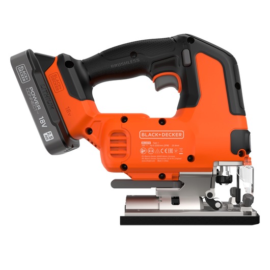 A BLACK+DECKER cordless jigsaw model BLCJS78E1 with an 18V lithium battery, featuring an ergonomic black and orange design.
