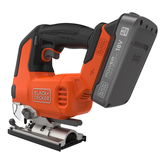 A BLACK+DECKER cordless jigsaw with an orange and black body, fitted with a detachable 18V Power Connect battery. The tool features a textured grip handle and is designed for precision cutting tasks.