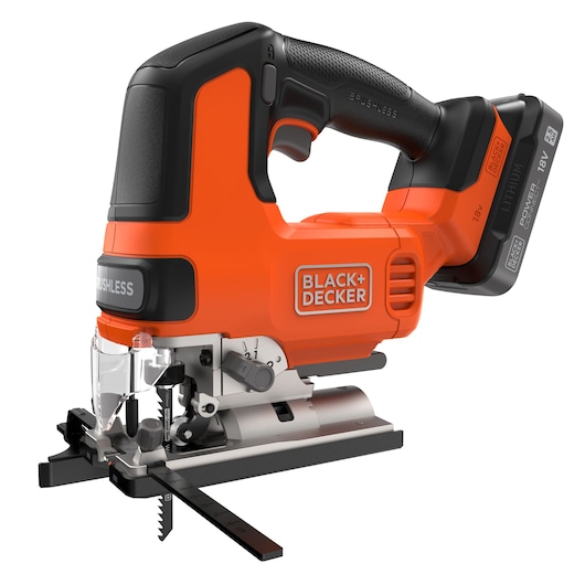 A BLACK+DECKER cordless brushless jigsaw, model BLCJS78E1, with an orange and black design, shown with an 18V lithium-ion battery attached. The tool features a clear protective shield and a visible adjustable base plate.