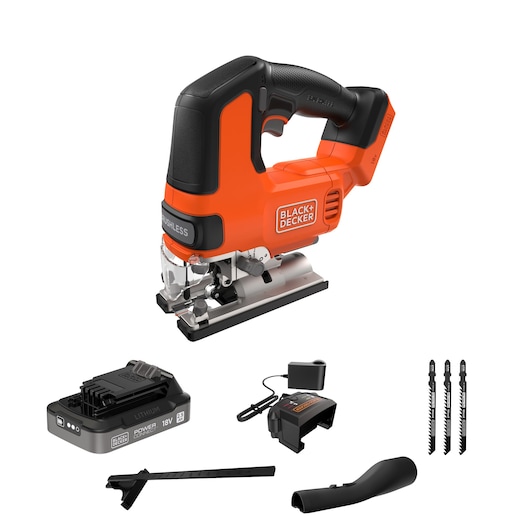 BLACKDECKER BLCJS78E1 cordless jigsaw kit with battery, charger, three blades, vacuum adapter, and guide, front angle.