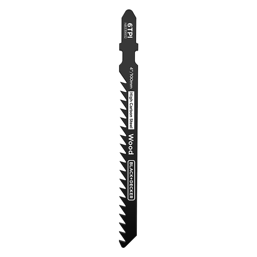 BLACK+DECKER BLCJS78E1 high carbon steel jigsaw blade for wood, 6 TPI, straight angle, product on white background.