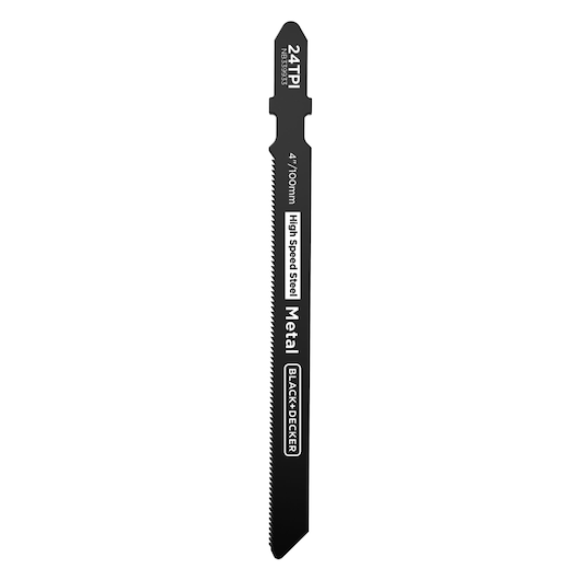 BLACK+DECKER BLCJS78E1 black metal jigsaw blade, 24 TPI, high speed steel, straight-on angle on white background.