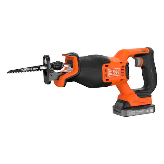 A BLACK+DECKER cordless reciprocating saw with an orange and black design, featuring a wood cutting blade and a rechargeable 18V lithium battery.
