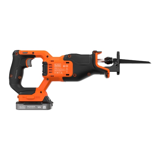 A BLACK+DECKER cordless reciprocating saw with an orange and black body, featuring a lithium battery at the base and a serrated blade attached at the front.