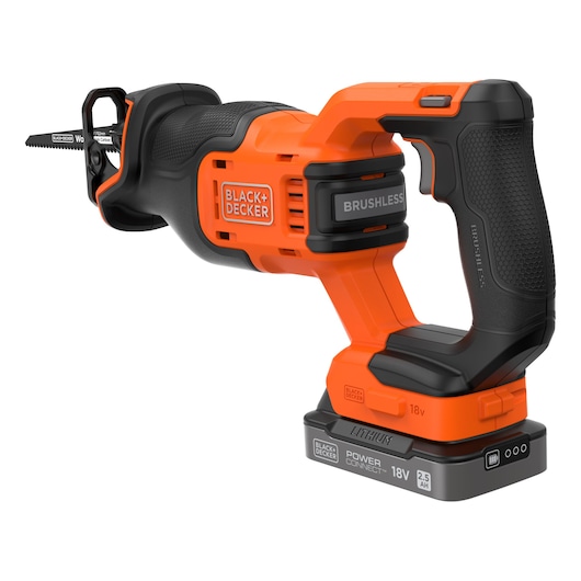 A BLACK+DECKER cordless reciprocating saw with a brushless motor, orange and black in color, featuring an 18V lithium battery and ergonomic handle.