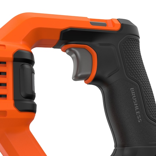 BLACKDECKER BLCR78E1 power tool handle close-up, orange and black grip with brushless label, right side angle.