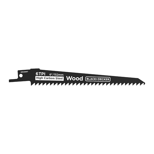 BLACK+DECKER BLCR78E1 wood saw blade, 6 TPI, 152mm high carbon steel, side angle on white background.