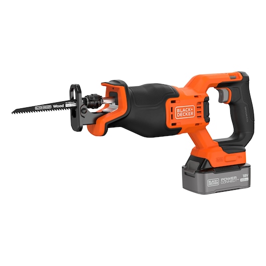A BLACK+DECKER cordless reciprocating saw with an orange and black handle and an 18V battery. The saw blade is labeled for wood cutting. The product is displayed on a white background.