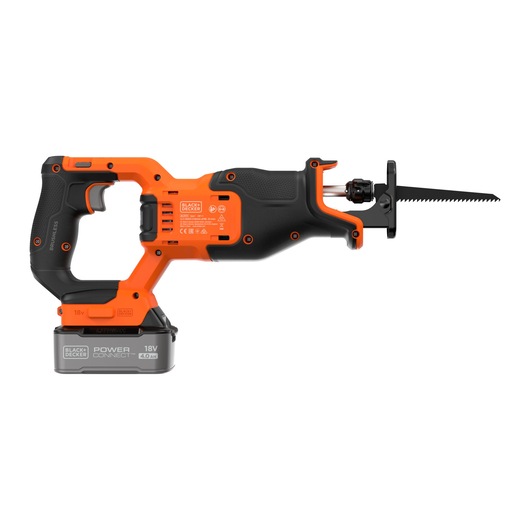 A BLACK+DECKER 18V cordless reciprocating saw with an orange and black handle and battery pack. The saw features a serrated blade and ergonomic design.