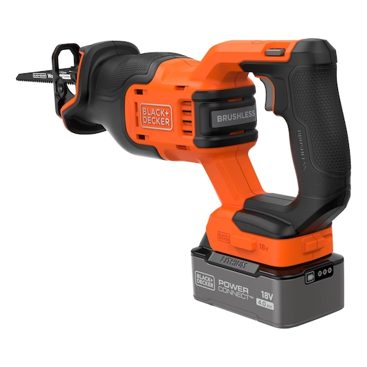 A BLACK+DECKER cordless reciprocating saw with a brushless motor, featuring an orange and black design. The tool is powered by an 18V lithium battery, and is suitable for cutting wood and other materials.