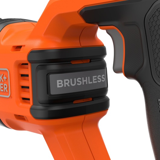 BLACK+DECKER BLCR78M1 cordless brushless power tool close-up, orange and black, left side view, white background.