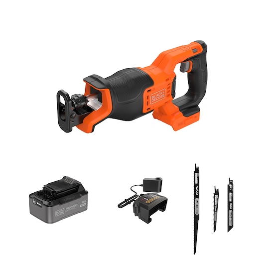 BLACK+DECKER BLCR78M1 reciprocating saw kit with orange and black saw, battery, charger, and three saw blades, front angle.