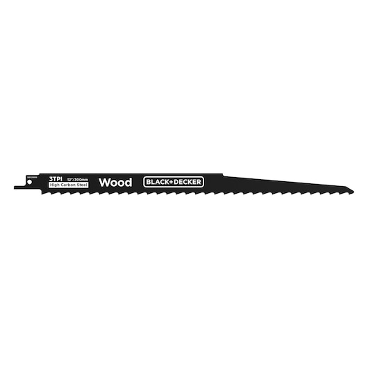 Photo of BLACK+DECKER BLCR78M1 wood-cutting saw blade, black, 12 inch, high carbon steel, side view.