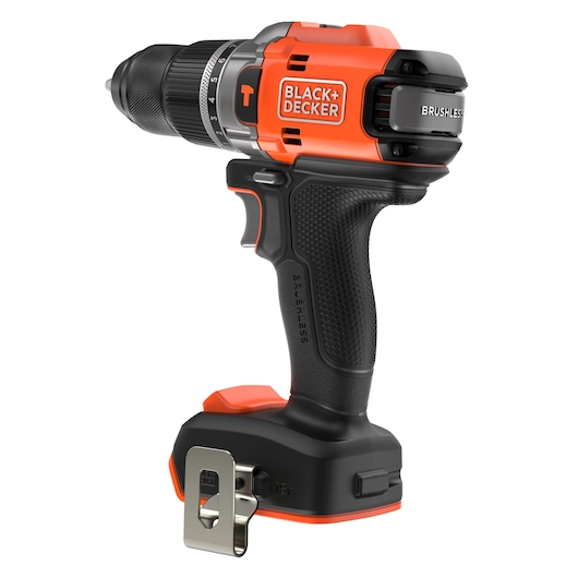BLACK+DECKER cordless brushless power drill with an ergonomic black and orange design, featuring a belt clip and labeled adjustments for various drill modes.