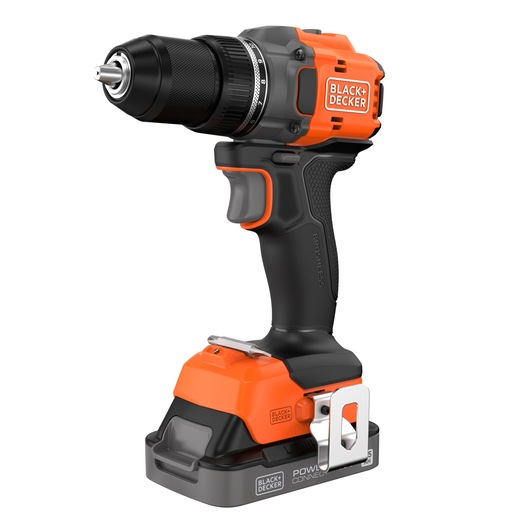 A BLACK+DECKER cordless power drill with an orange and black design, featuring a brushless motor and rechargeable battery.