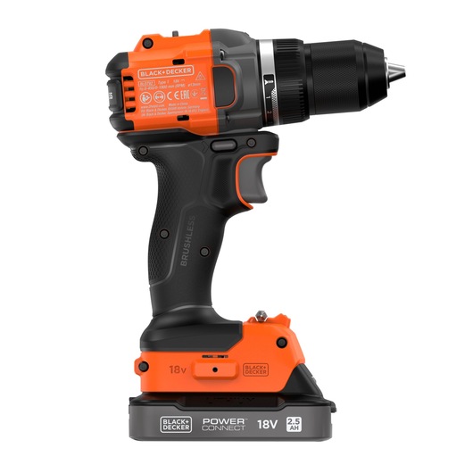 BLACK+DECKER 18V cordless brushless drill with Power Connect 2.5 Ah battery, featuring an ergonomic black and orange design.