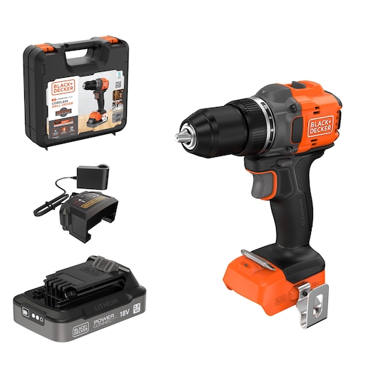 BLACK+DECKER BLD782E1K cordless drill kit with orange and black drill, battery, charger, and carrying case, front angle.
