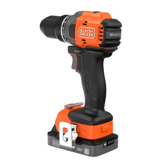 BLACK+DECKER cordless drill with brushless motor, featuring a black and orange design, 18V battery, and ergonomic handle.