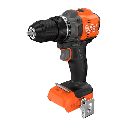 A BLACK+DECKER cordless power drill with a black and orange design, featuring a pistol grip handle, a metal belt clip, and an 18V battery mounted at the base.