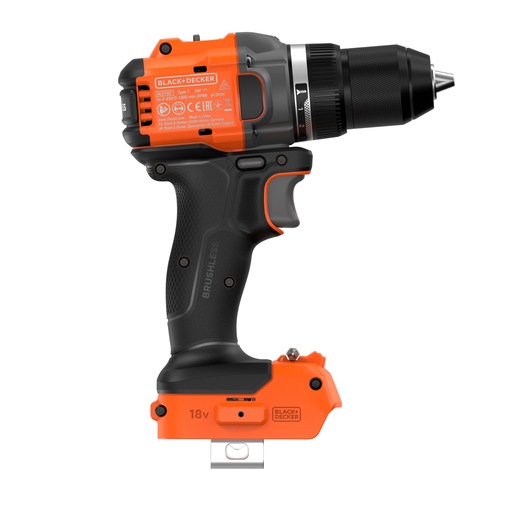 BLACK+DECKER BLD782N cordless 18V brushless power drill with an ergonomic black and orange grip, suitable for photography-related setup tasks.