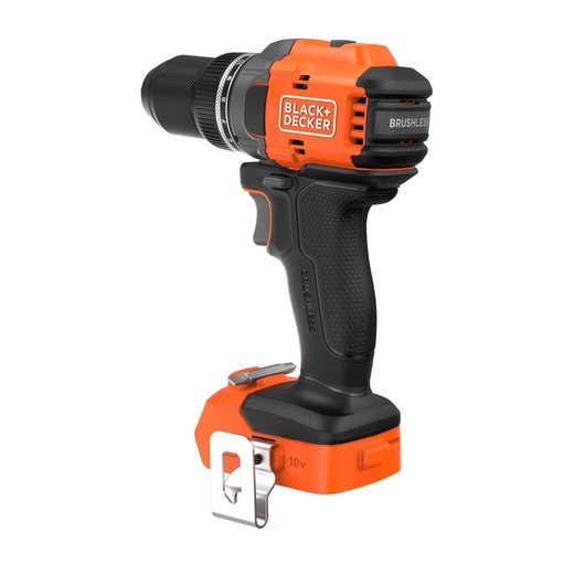 A BLACK+DECKER cordless drill with a brushless motor, featuring an orange and black design and a metal belt clip. The drill is labeled with 'BLACK+DECKER' and 'BRUSHLESS' and shows an 18V battery at the base.