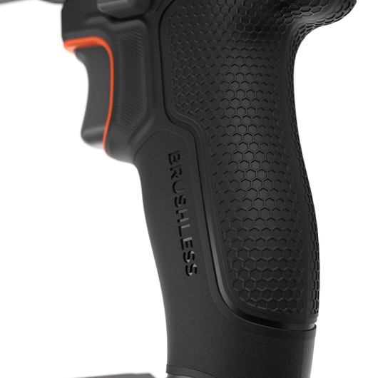 BLACKDECKER BLD782N power tool handle with textured black grip, brushless label, close-up angle.