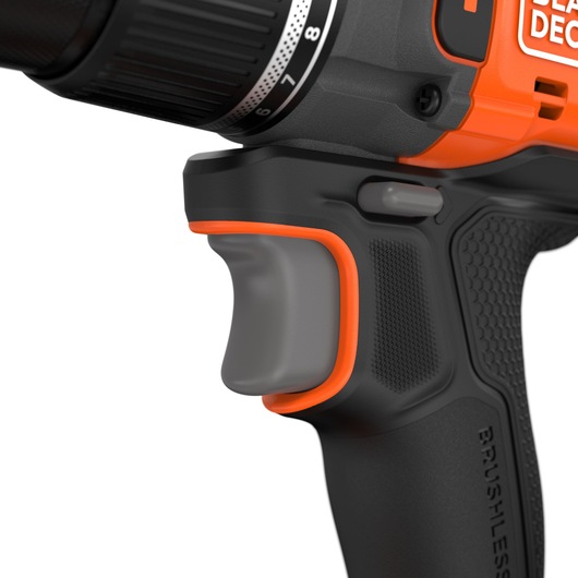 Close-up photo of BLACK+DECKER cordless drill handle, SKU BLD783E1K, showing textured grip and trigger, angled view.