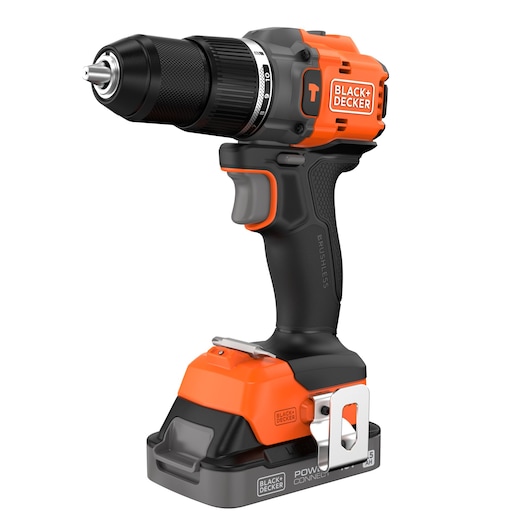 A cordless BLACK+DECKER power drill with an ergonomic black and orange design, featuring a brushless motor and a detachable battery pack.