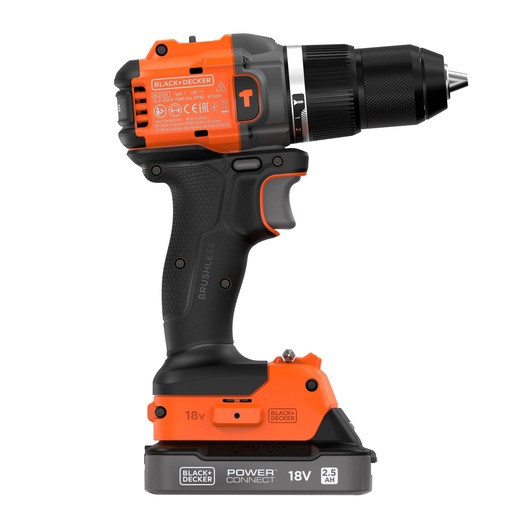 A BLACK+DECKER 18V cordless power drill with a brushless motor and PowerConnect 2.5Ah battery, featuring an orange and black design.