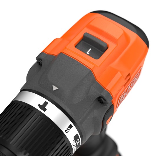 BLACKDECKER BLD783E2K cordless drill close-up showing speed selector and adjustment ring, front angle, white background.