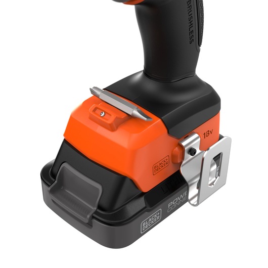 BLACKDECKER BLD783E2K cordless drill base with orange and black design, visible bit holder and metal belt clip, side angle.