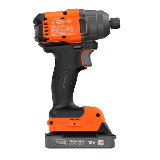 BLACK+DECKER cordless brushless impact driver with 18V 2.5Ah Power Connect battery. The tool has a black and orange design and features ergonomic grip and trigger.
