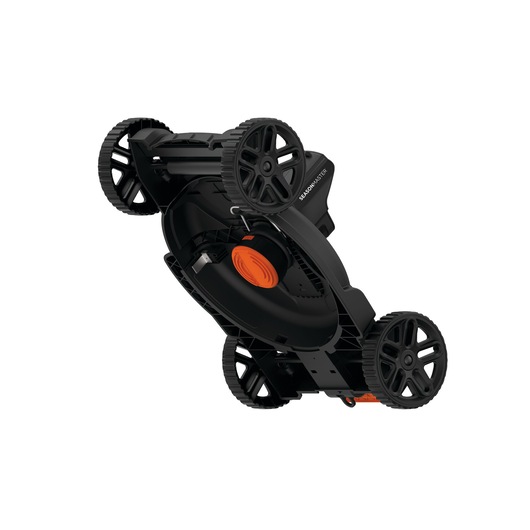 A BLACK+DECKER CM100 lawn mower shown from the underside, highlighting the blades and wheels in a black and orange color scheme.