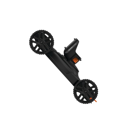 A BLACK+DECKER CM100 lawn mower accessory with two large black wheels and a central black body, designed for use with a string trimmer, shown against a white background.